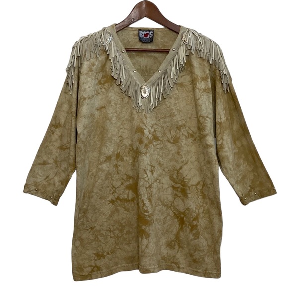 Vintage Top Womens One Size Beige Tie Dye Fringe Southwestern Studs Cowgirl - Picture 1 of 11